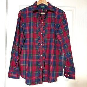 VTG Lauren Ralph Lauren Red Green Blue Plaid Ruffled Button Down Shirt NWOT M